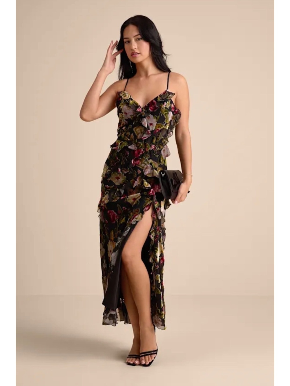 Lulus Shona Black Multi Velvet Jacquard Ruffled Maxi Dress M Floral